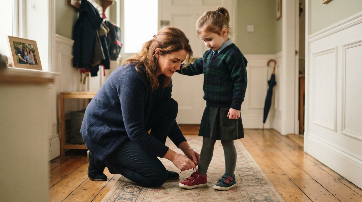 Au Pair tying little girl's shoelace