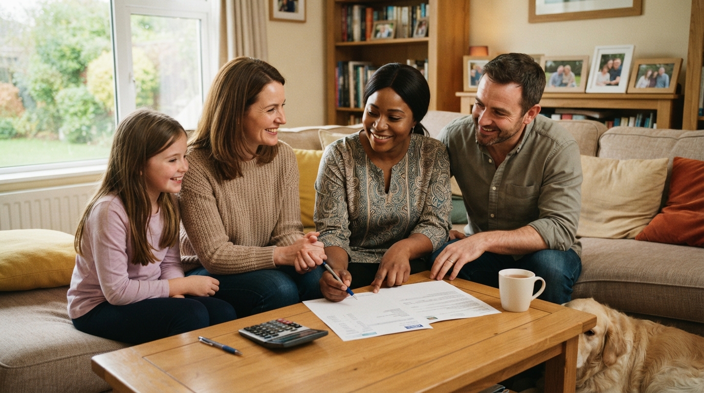 Au Pair filling in forms with family