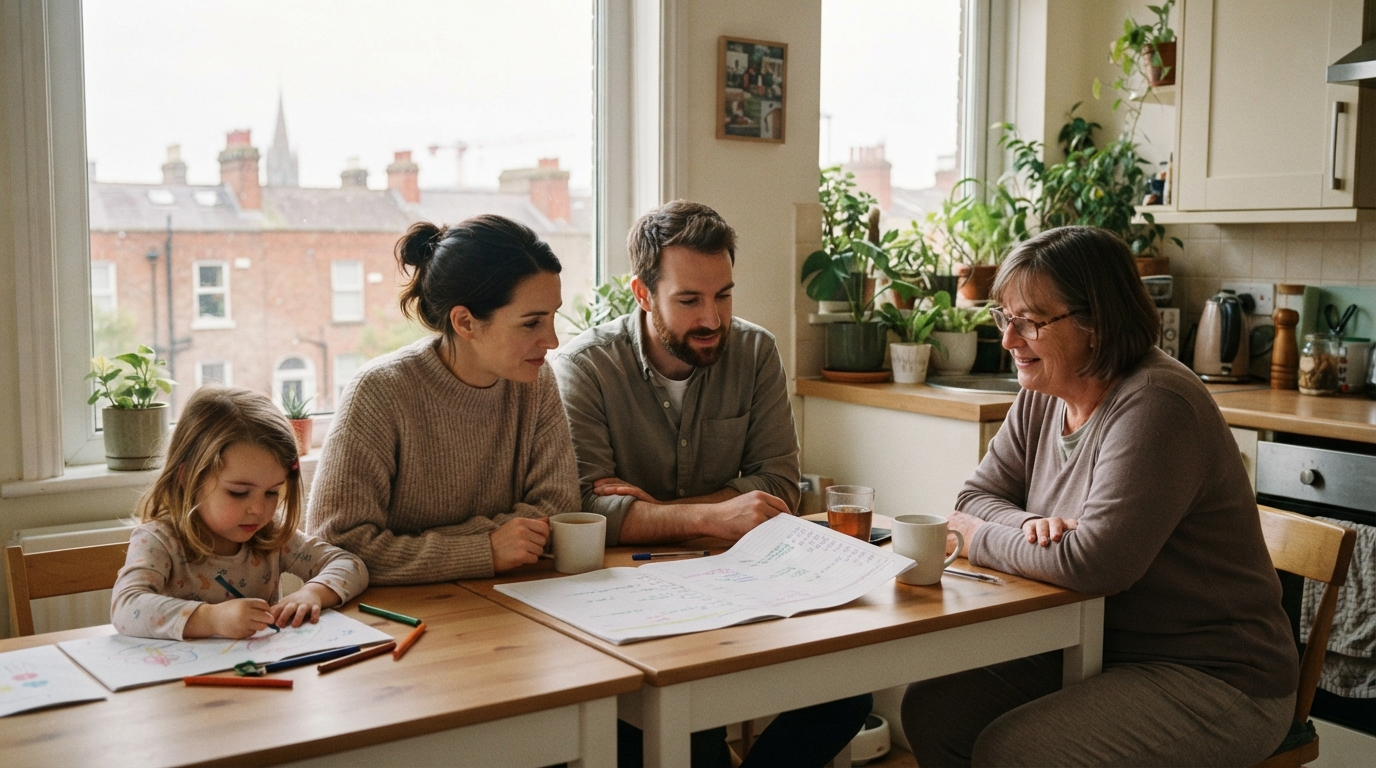 A family discussing Live-in Childcare