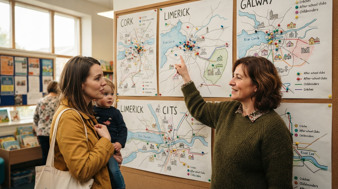 maps of Dublin, Cork, Limerick, Galway and Waterford on a wall